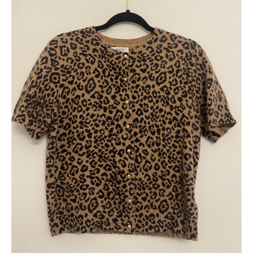 Wilt 100% Cashmere Leopard Cardigan Sz M Short Sleeve Animal Print Quiet Luxury
